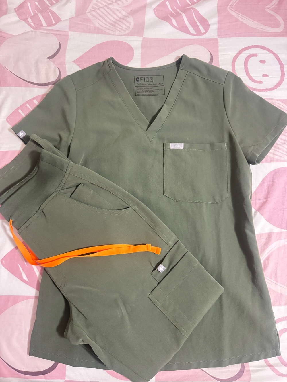 FIGS Olive Scrub Set with Bright Orange Drawstring